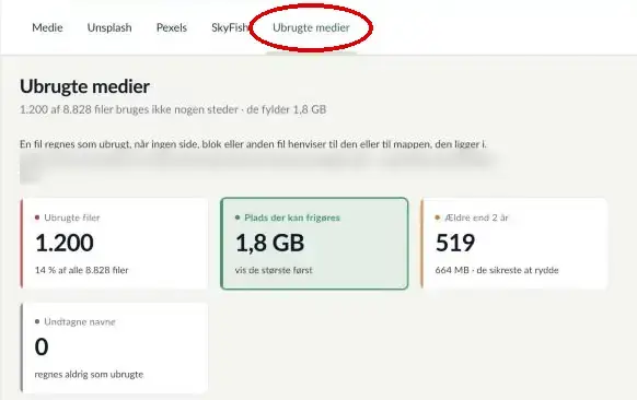 Fanen Ubrugte medier med overblik over ubrugte filer