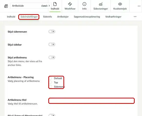 Fanen Sideindstillinger med felterne Artikelmenu placering og Artikelmenu titel markeret