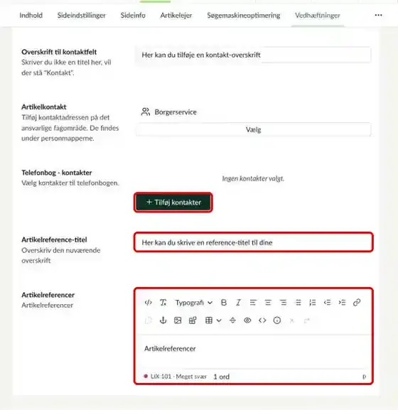 Felterne Tilføj kontakter, Artikelreference-titel og Artikelreferencer markeret