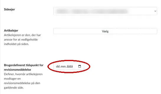 Feltet Brugerdefineret tidspunkt for revisionsmeddelelse på fanen Artikelejer