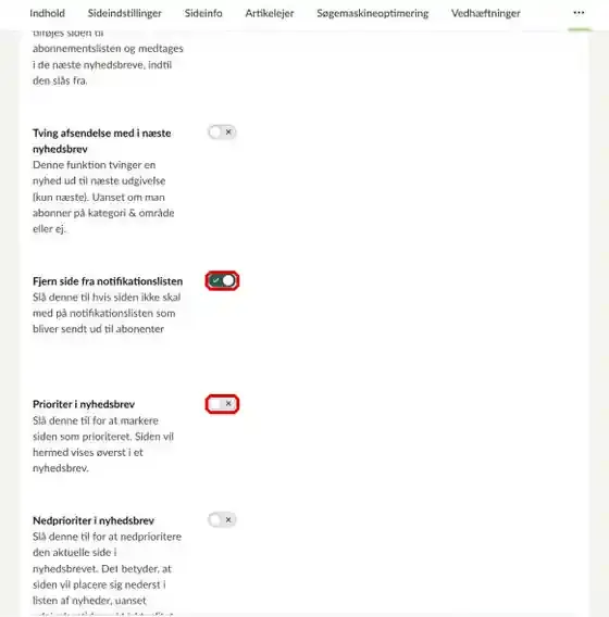 Toggles for Fjern side og Prioriter markeret