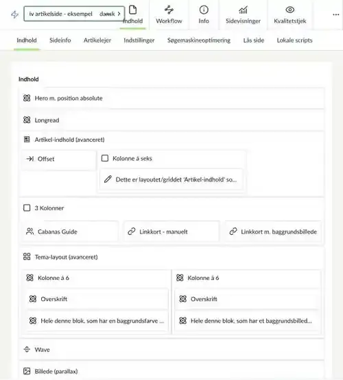 En kreativ artikelside i redigeringsvisning med layout og kolonner