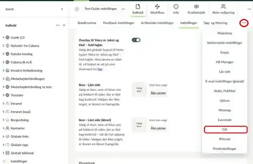 Menuen med flere faner i indstillingsfilen med GIS markeret