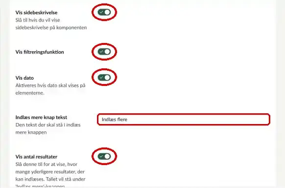 Felterne Vis sidebeskrivelse, Vis filtreringsfunktion, Vis dato, Indlæs mere knap tekst og Vis antal resultater markeret