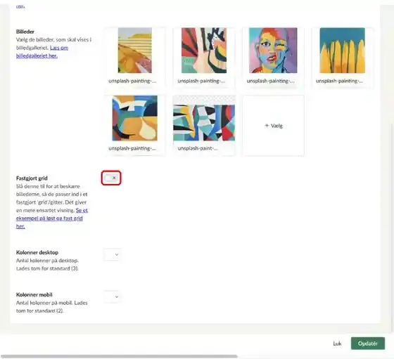 Felterne Fastgjort grid, Kolonner desktop og Kolonner mobil