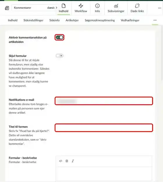 Fanen Kommentarer med Aktivér kommentarsektion, Notifikations e-mail og Titel til formen markeret