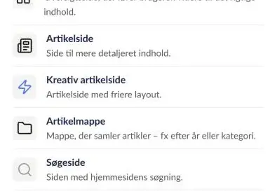 Ikoner for Artikelside, Kreativ artikelside, Artikelmappe og Søgeside