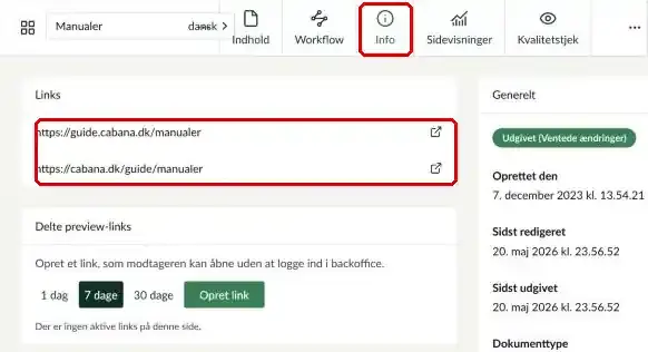 Fanen Info med sidens links markeret
