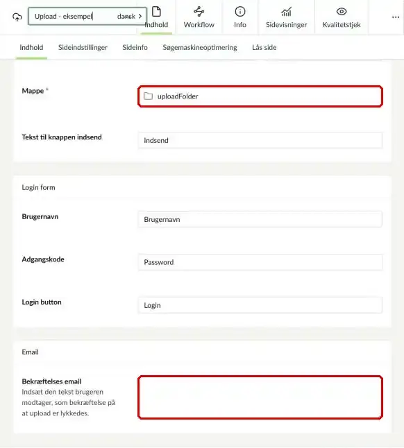 Felterne Mappe, Login form og Bekræftelses email markeret