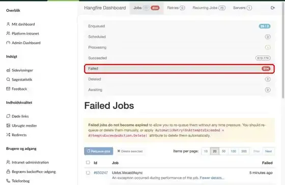 Hangfire, hvor Failed er markeret