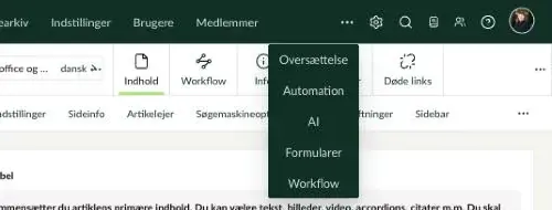 Menuen under de tre prikker i menulinjen med sektionerne Oversættelse, Automation, AI, Formularer og Workflow