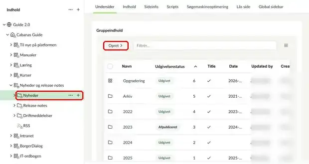 En artikelmappe i træet og knappen Opret markeret