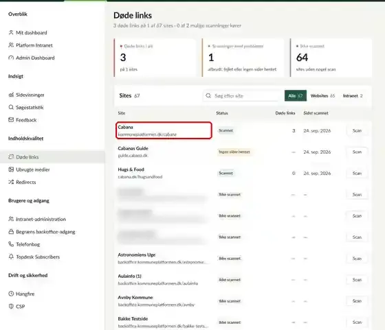 Døde links, hvor et site i listen er markeret
