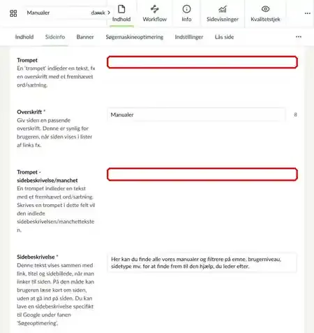 Felterne til trompet på fanen Sideinfo markeret