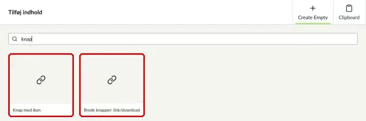 Knap med ikon og Brede knapper: link/download i oversigten markeret