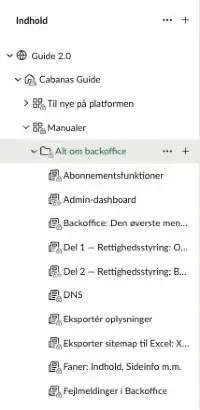 Træstrukturen i backoffice, hvor Guide 2.0 er foldet ud til Cabanas Guide, Manualer og mappen Alt om backoffice