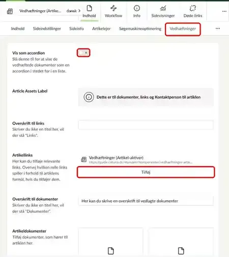 Fanen Vedhæftninger på en artikelside med Vis som accordion og Tilføj markeret