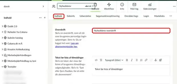 Fanen Indhold på medlemssiden med feltet Overskrift markeret
