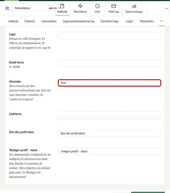 Feltet Afsender i e-mailindstillingerne markeret