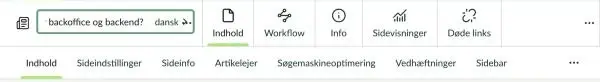 Fanerne på en artikelside: Indhold, Sideindstillinger, Sideinfo, Artikelejer, Søgemaskineoptimering, Vedhæftninger og Sidebar