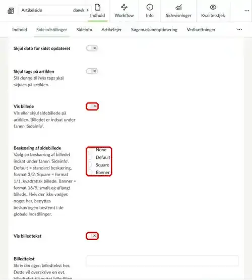 Felterne Vis billede, Beskæring af sidebillede og Vis billedtekst markeret