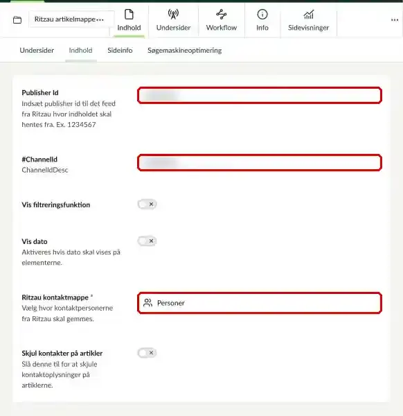 Fanen Indhold i Ritzau-mappen med Publisher Id, ChannelId og kontaktmappe markeret