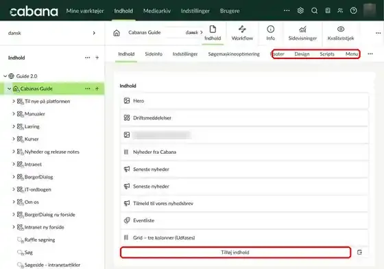 Forsiden i redigeringsvisning med fanerne Indhold, Footer, Design og Menu og knappen Tilføj indhold markeret