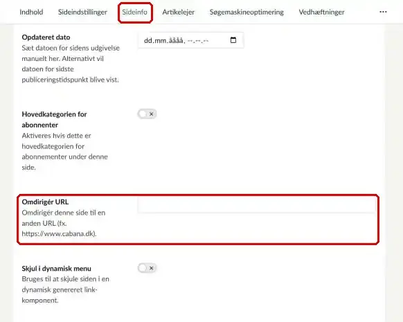 Fanen Sideinfo på en side, hvor feltet Omdirigér URL er markeret
