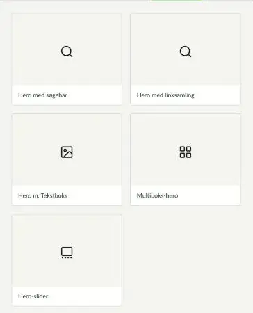 Oversigten over de fem hero-typer: Hero med søgebar, Hero med linksamling, Hero m. Tekstboks, Multiboks-hero og Hero-slider
