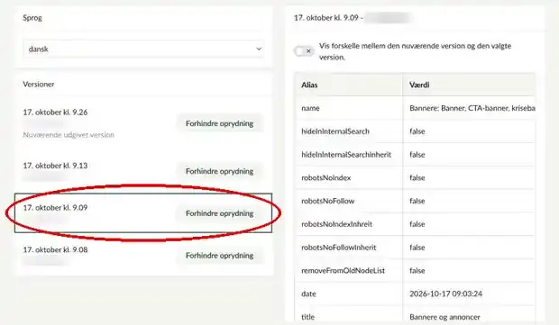 Panelet med listen over tidligere versioner af siden