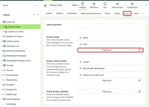 Fanen Scripts på forsiden med Tilføj Script under Scripts i header markeret