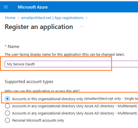 Formularen Register an application, hvor feltet Name og den første kontotype er markeret