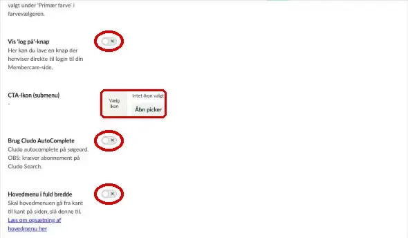 Vis log på-knap, CTA-ikon (submenu), Brug Cludo AutoComplete og Hovedmenu i fuld bredde markeret