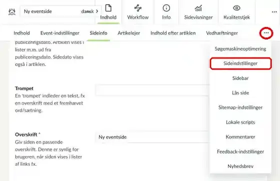 Menuen med flere faner, hvor Sideindstillinger er markeret