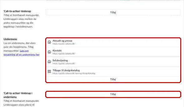 Felterne Undermenu og Call-to-action-linkknap i undermenu markeret