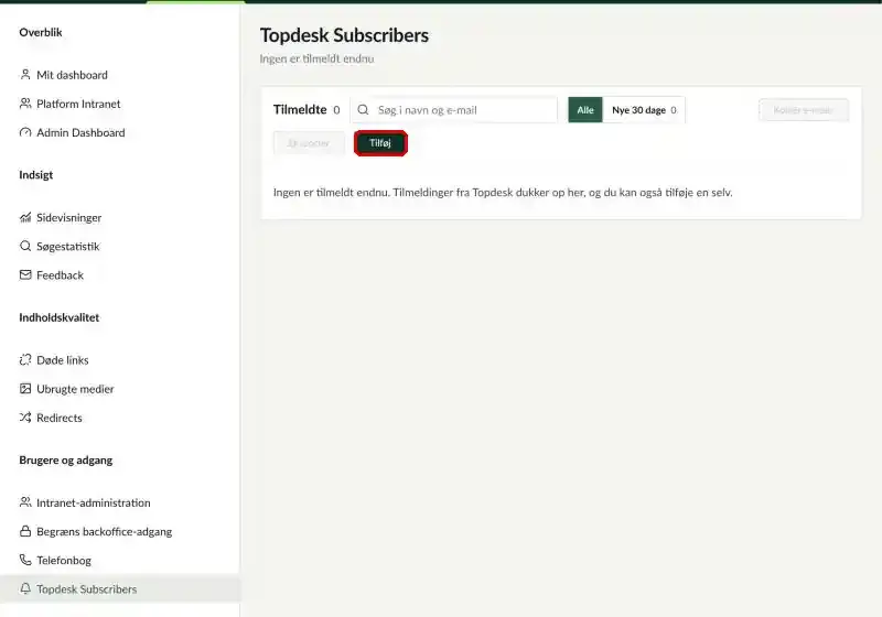 Topdesk Subscribers, hvor knappen Tilføj er markeret