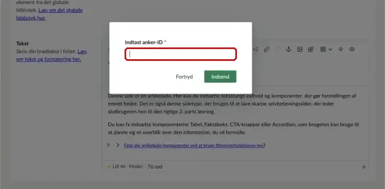 Dialogen Indtast anker-ID med feltet markeret