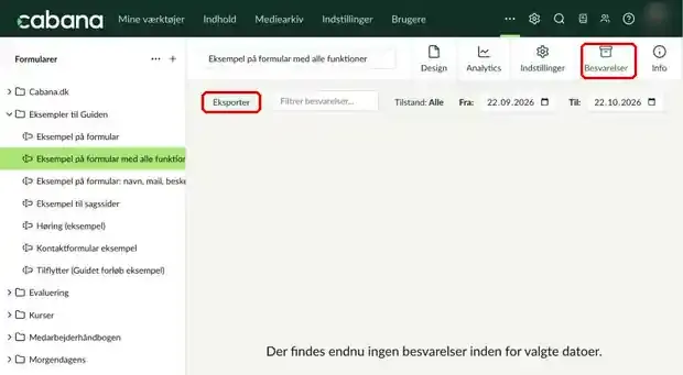 Fanen Besvarelser og knappen Eksporter markeret