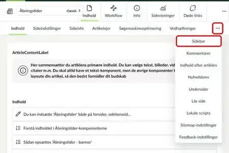 Fanerne på en artikelside med fanen Sidebar markeret