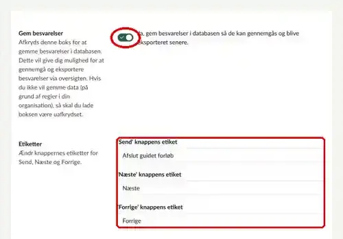 Knappen Gem besvarelser og knapteksterne under Etiketter markeret