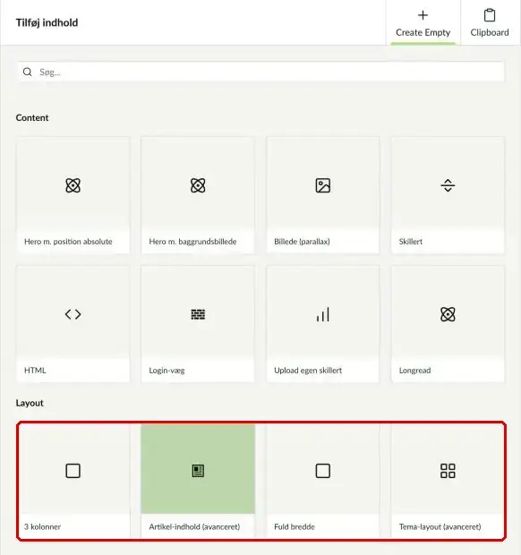 Kataloget med grupperne Content og Layout