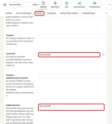 Fanen Sideinfo med felterne Overskrift og Sidebeskrivelse