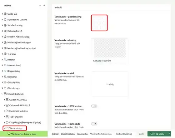 Mappen Vandmærker i Globalt bibliotek og feltet til positionering af vandmærket, som begge er markeret