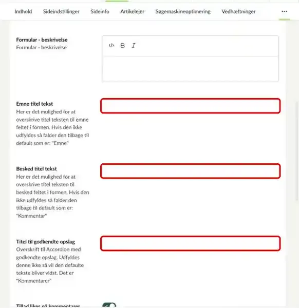 Felterne Emne titel tekst, Besked titel tekst og Titel til godkendte opslag markeret