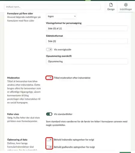 Toggles for moderation og opbevaring af data markeret
