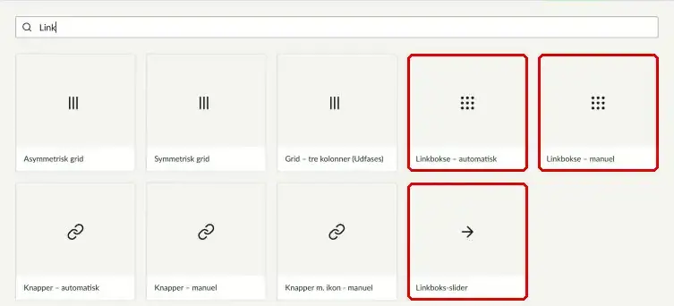 Oversigten over komponenter med Linkbokse – automatisk, Linkbokse – manuel og Linkboks-slider markeret