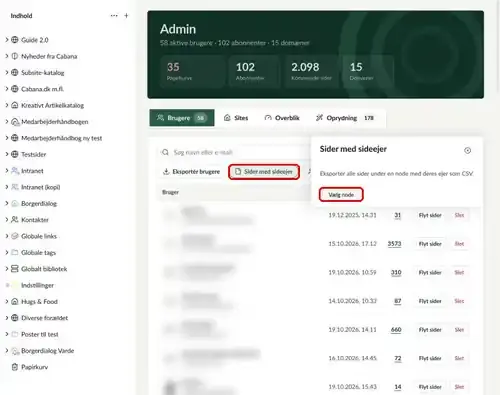 Dialogen Sider med sideejer, hvor knappen Vælg node er markeret