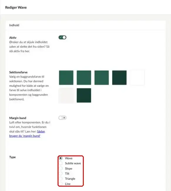 Indstillingerne for skillerten, hvor typerne er markeret