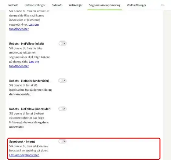 Fanen Søgemaskineoptimering på en artikelside, hvor feltet Søgeord og Søgeboost - internt er markeret