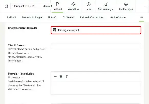 Feltet Brugerdefineret formular på en eventside markeret